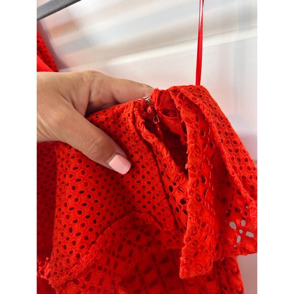 J. Crew Women's Eyelet One Shoulder Ruffle Blouse Top Boho Bohemian Red Size 6 - Picture 6 of 12